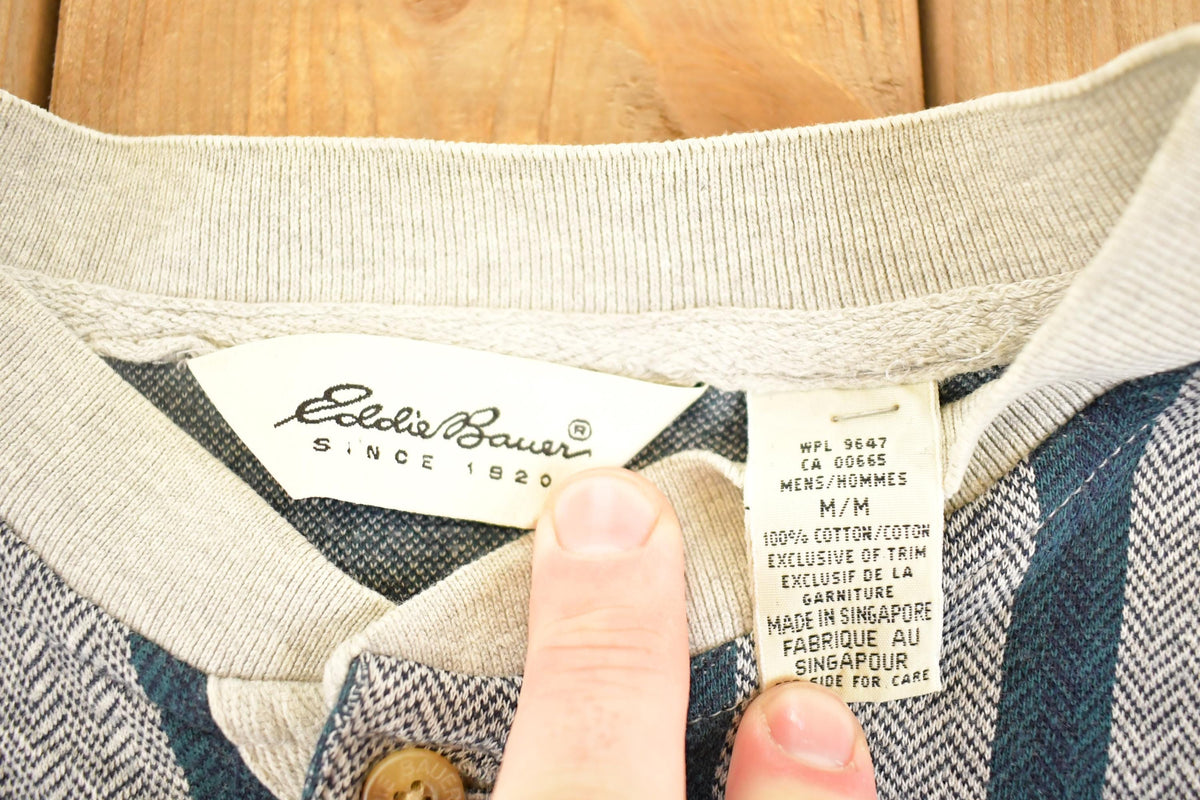 Vintage 1990s Eddie Bauer Striped Souvenir Quarter Button Crewneck Sweatshirt Men's L from propervintagecanada