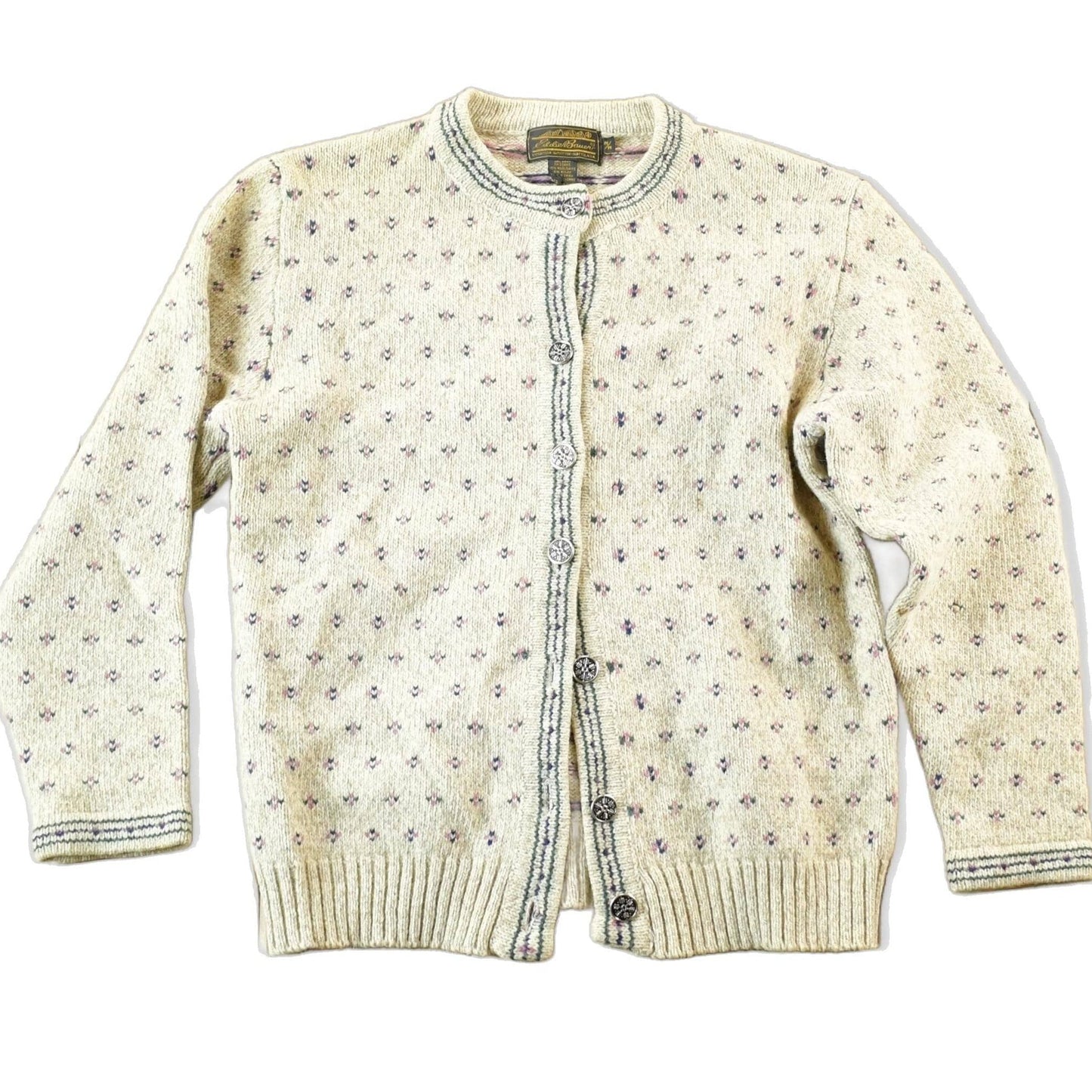 Vintage 1990s Eddie Bauer Wool Knit Abstract Knit Cardigan Sweater Womens S-M from propervintagecanada