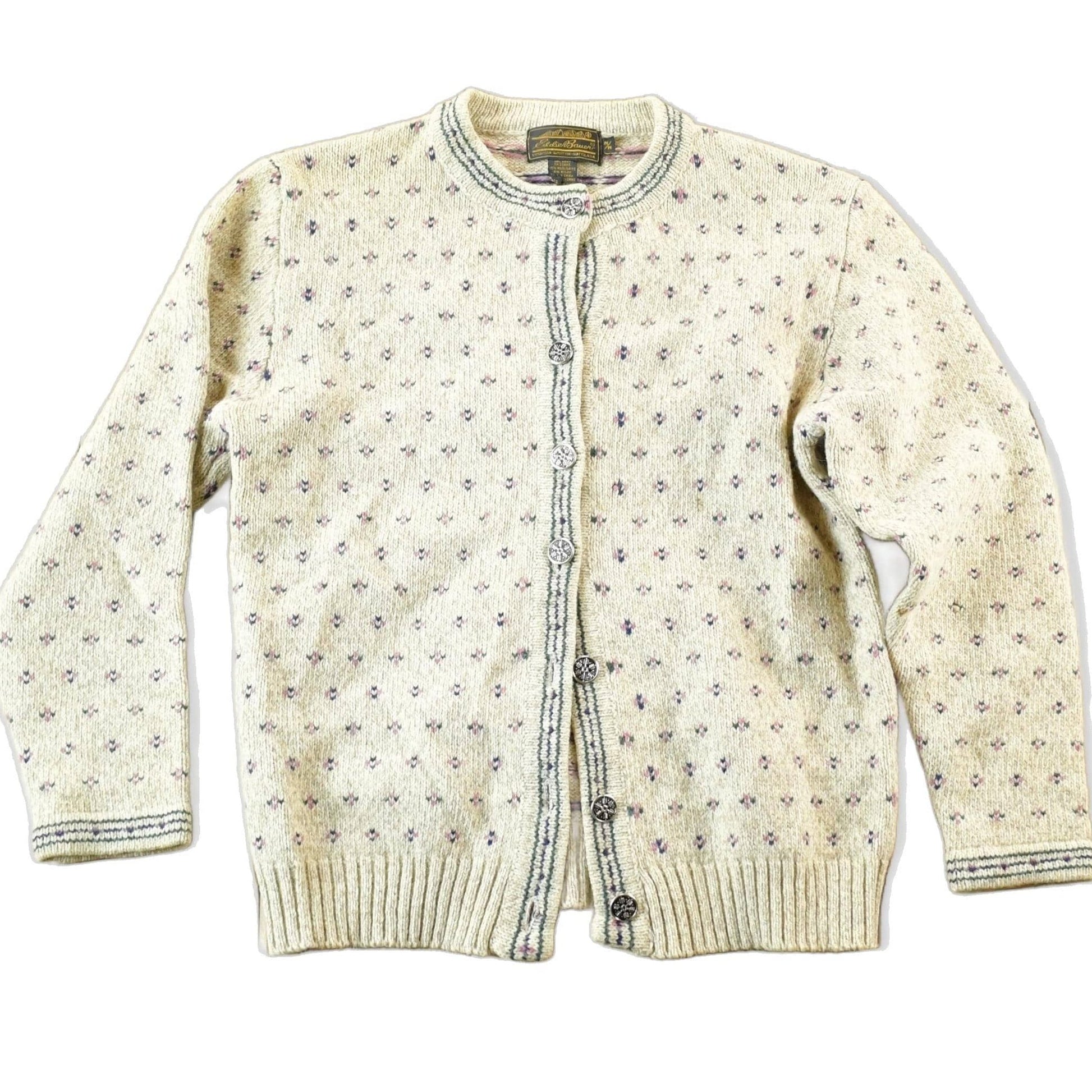 Vintage 1990s Eddie Bauer Wool Knit Abstract Knit Cardigan Sweater Womens S-M from propervintagecanada