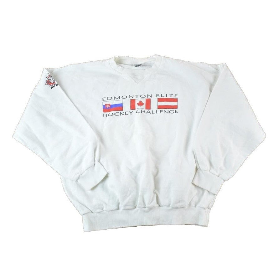 Vintage 1990s Edmonton Elite Hockey AOP Souvenir Crewneck Sweatshirt Made In USA Men's XL from propervintagecanada