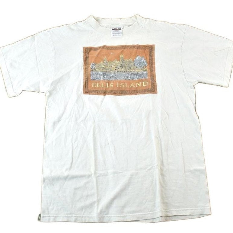 Vintage 1990s Ellis Island Souvenir Single Stitch Graphic Print T-Shirt Made In USA Men's Large from propervintagecanada