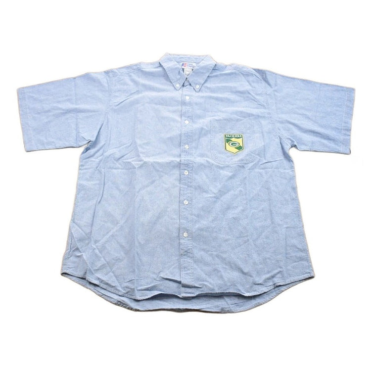 Vintage 1990s Embroidered Green Bay Packers NFL Denim Button Up T-Shirt Men's 2XL from propervintagecanada