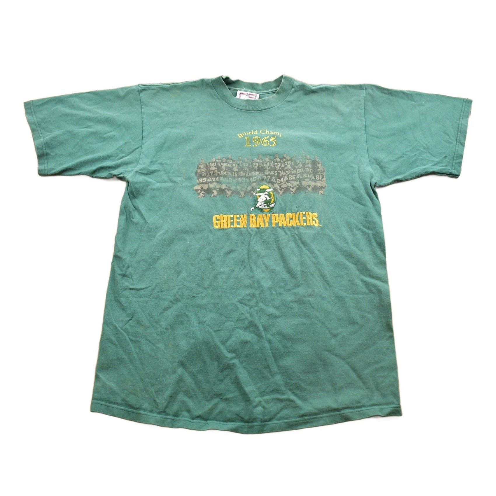Vintage 1990s Embroidered Green Bay Packers World Champ 1965 NFL Graphic T-Shirt Men's Large from propervintagecanada