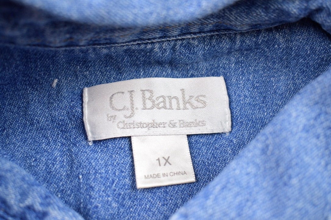 Vintage 1990s Embroidered Jean Button Up Shirt Men's XL from propervintagecanada