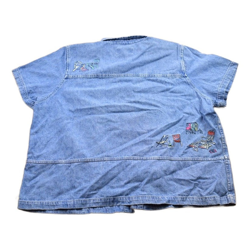 Vintage 1990s Embroidered Jean Button Up Shirt Men's XL from propervintagecanada