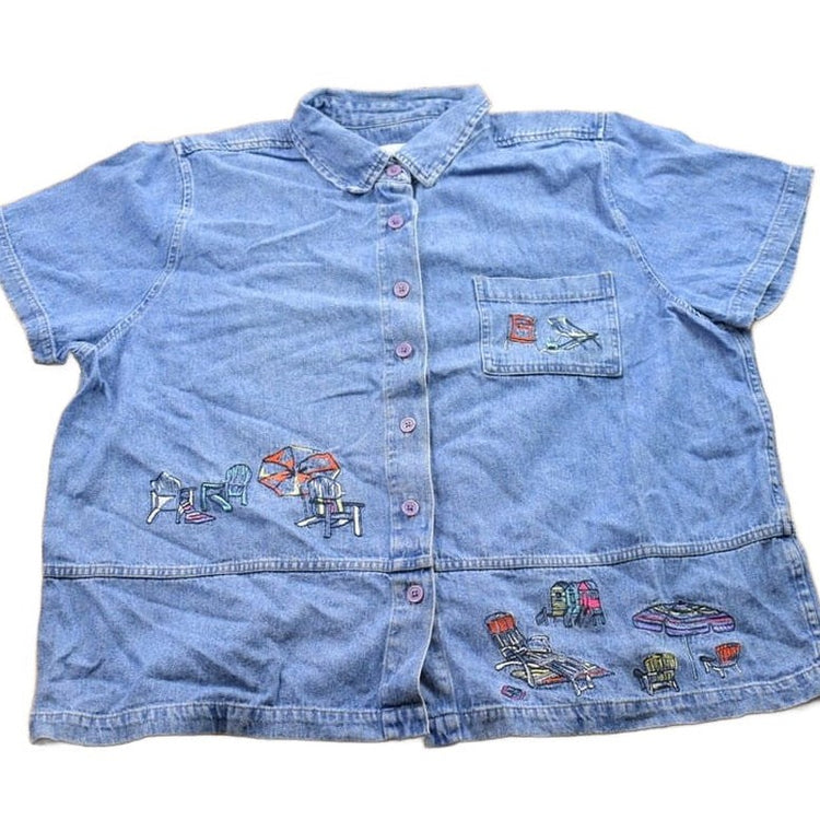 Vintage 1990s Embroidered Jean Button Up Shirt Men's XL from propervintagecanada