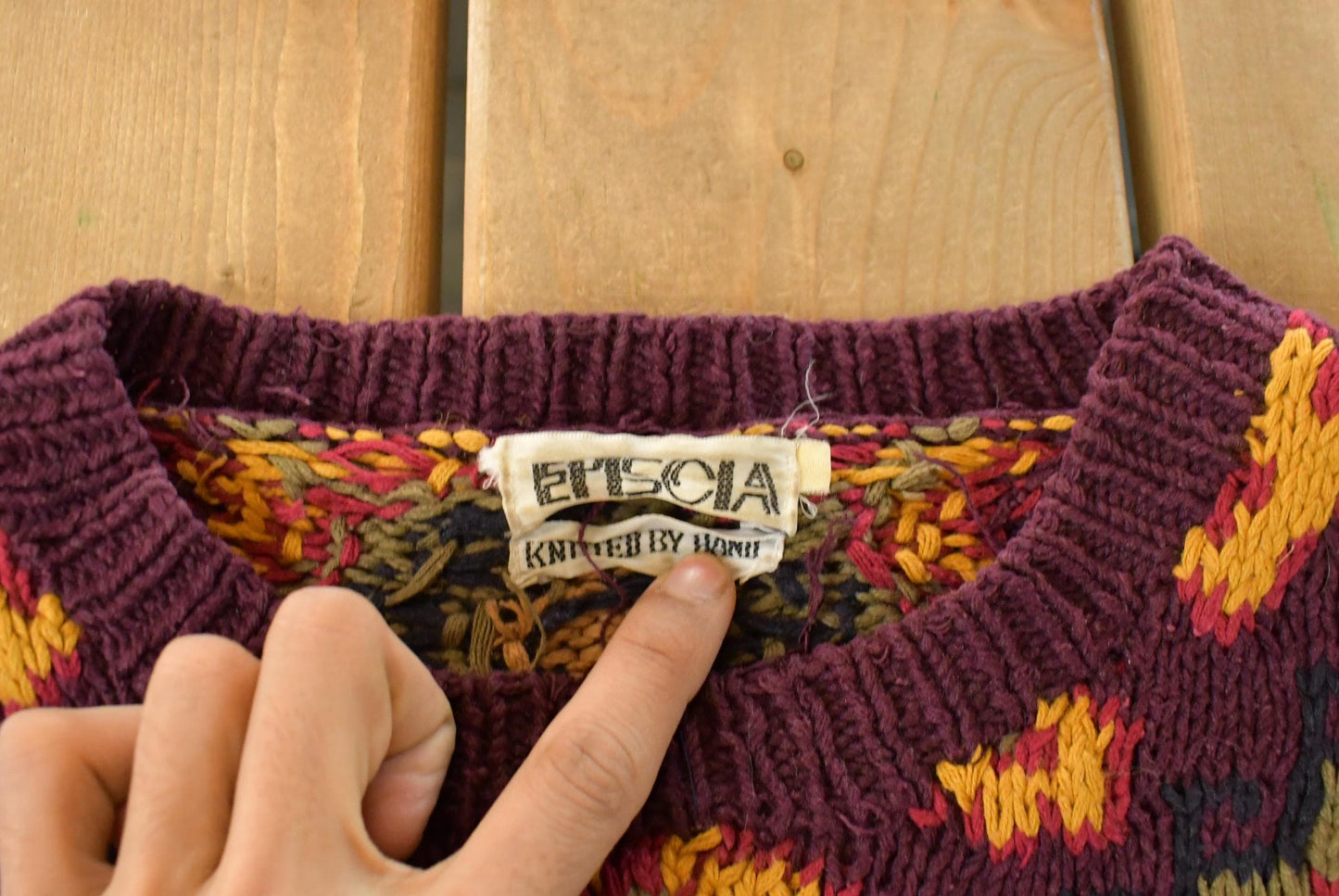 Vintage 1990s Episcia Hand Knit Geometric Crewneck Sweater Men's XL from propervintagecanada