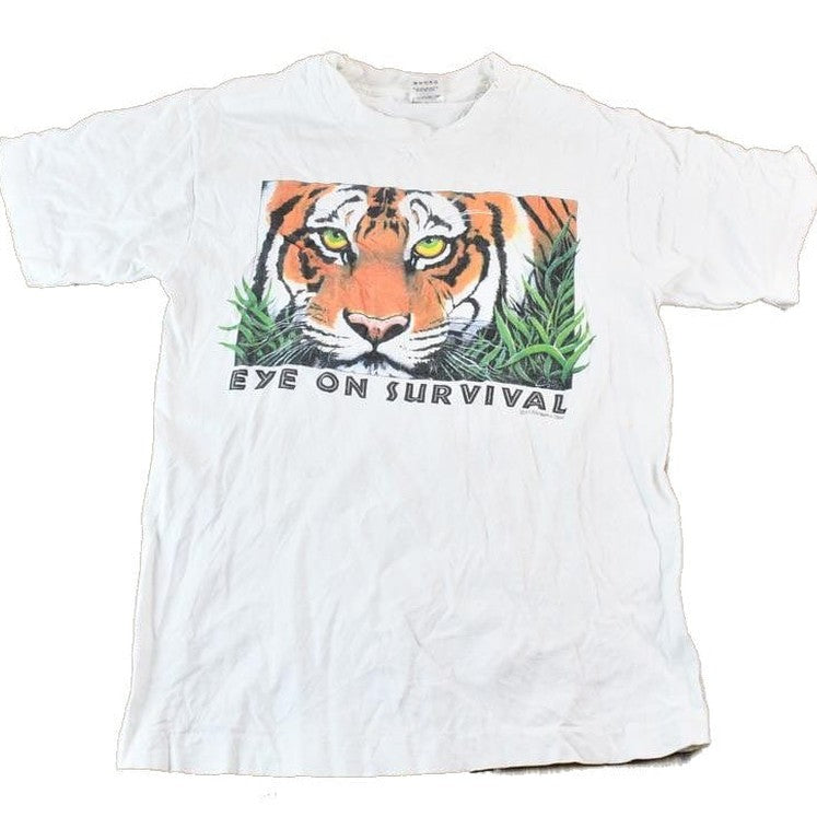 Vintage 1990s Eyes on Survival Realistic Tiger Theme Single Stitch Graphic T-Shirt Men's XS from propervintagecanada