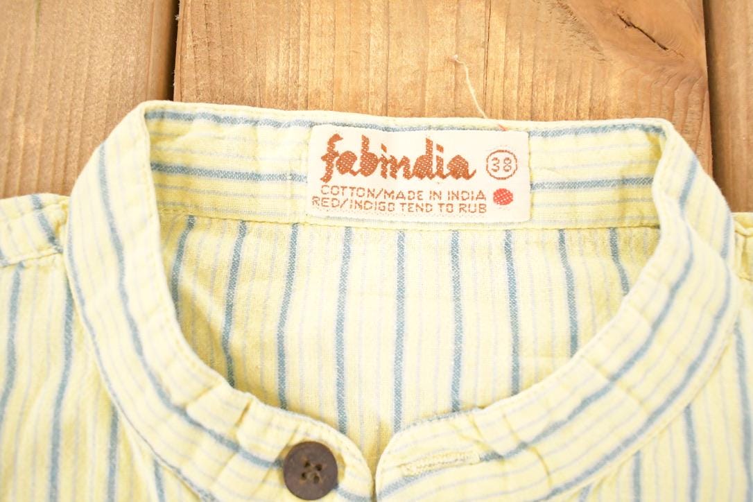 Vintage 1990s Fabindia Souvenir Button Up Striped Travel T-Shirt Men's M from propervintagecanada