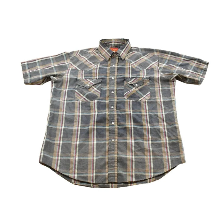 Vintage 1990s Faded Ely Plains Plaid Western Style Short Sleeve Button Up Rodeo Shirt Size L Men's Large from propervintagecanada