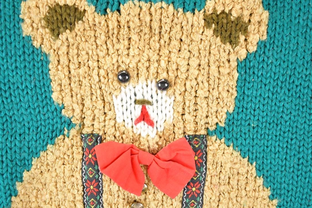 Vintage 1990s Far And Near Cute Teddy Bear Chunky Knit Crewneck Sweater Women's S from propervintagecanada