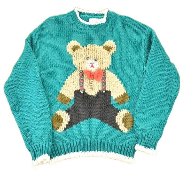 Vintage 1990s Far And Near Cute Teddy Bear Chunky Knit Crewneck Sweater Women's S from propervintagecanada