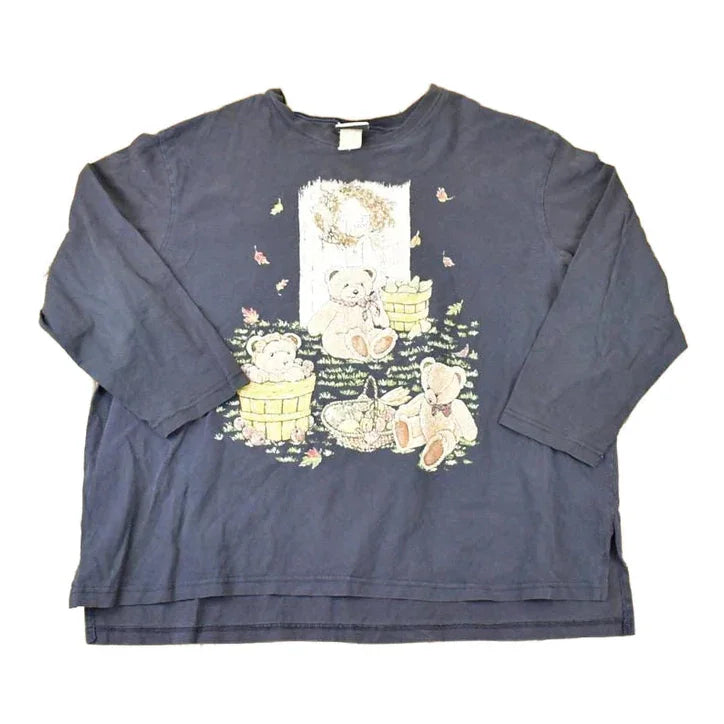 Vintage 1990s Fashion Bug Cute Teddy Bear Picnic Graphic Print Long Sleeve T Shirt Women's XXL from propervintagecanada