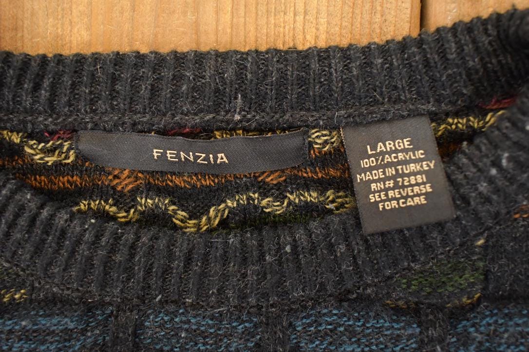 Vintage 1990s Fenzia Abstract Knit Crewneck Sweater Mens L from propervintagecanada