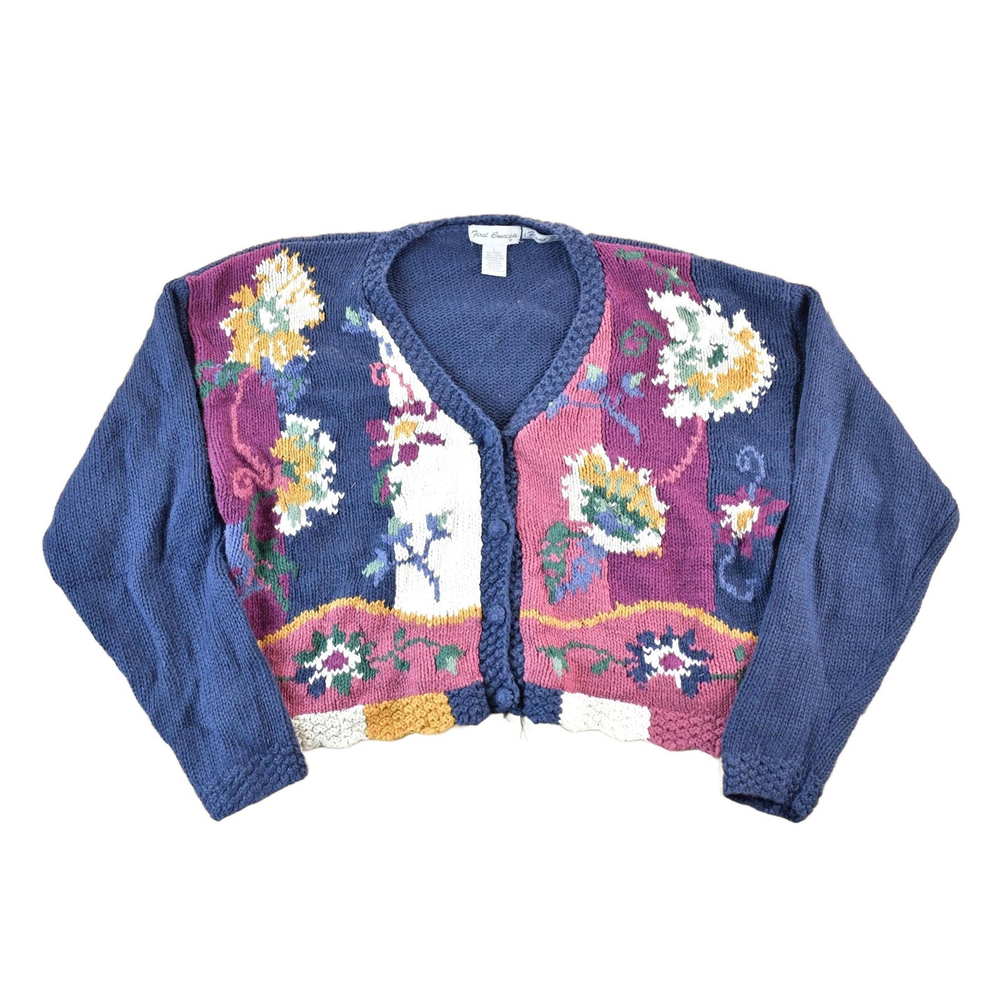 Vintage 1990s First Concepts Hand Knit Floral Pattern Cardigan Womens L from propervintagecanada