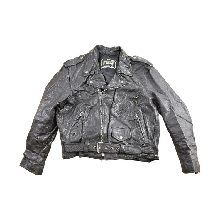 Vintage 1990s First Genuine Leather Biker Jacket Men's Large from propervintagecanada