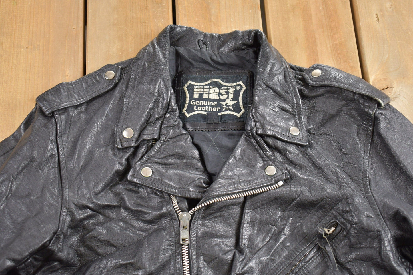 Vintage 1990s First Genuine Leather Biker Jacket Men's Large from propervintagecanada