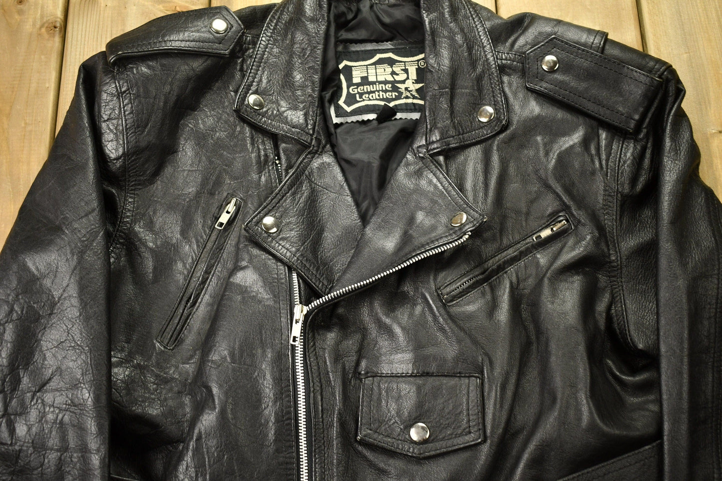 Vintage 1990s First Genuine Leather Biker Jacket Men's Medium from propervintagecanada