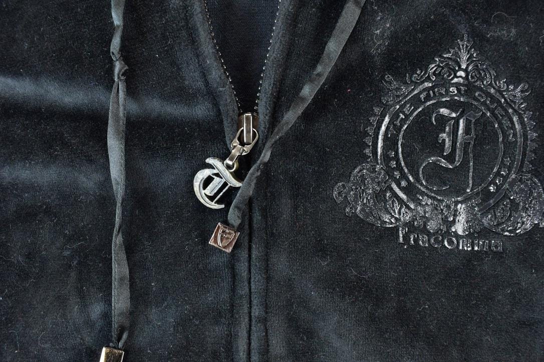 Vintage 1990s First Queen Fracomina Graphic Zip Up Velour Hoodie Men's Small from propervintagecanada