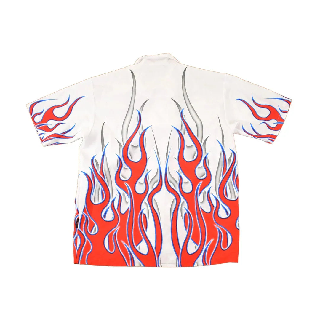 Vintage 1990s Flames AOP Rock Button Up Shirt Men's XL from propervintagecanada