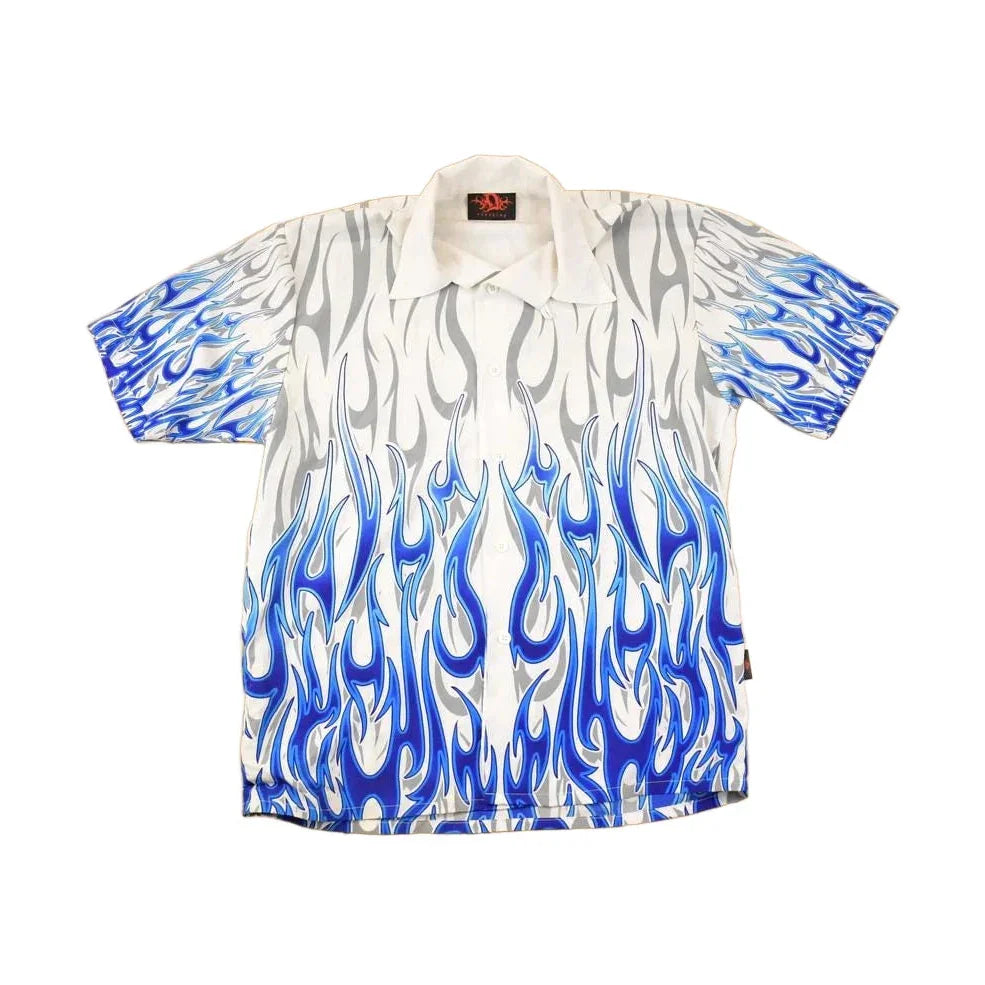 Vintage 1990s Flames AOP Rock Button Up Shirt Men's XL from propervintagecanada