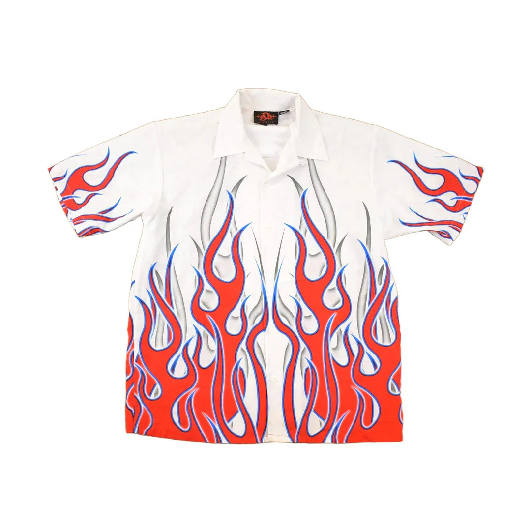Vintage 1990s Flames AOP Rock Button Up Shirt Men's XL from propervintagecanada