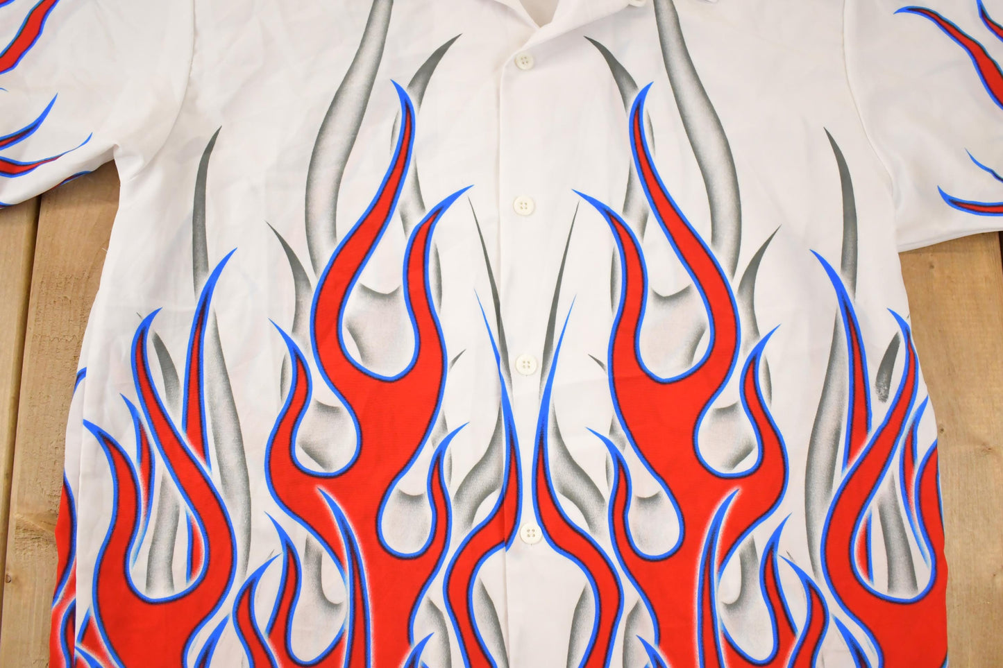 Vintage 1990s Flames AOP Rock Button Up Shirt Men's XL from propervintagecanada
