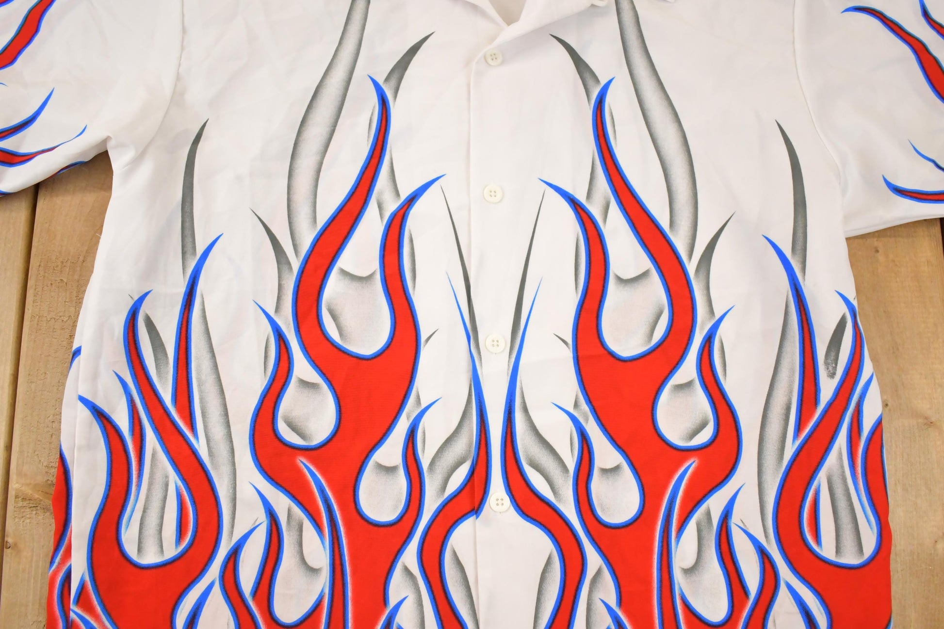 Vintage 1990s Flames AOP Rock Button Up Shirt Men's XL from propervintagecanada
