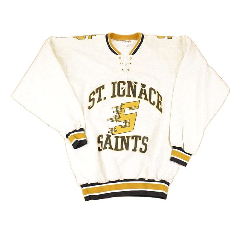 Vintage 1990s Fleece Tech St Ignace Saints University Tie Up Crewneck Sweater Men's XL from propervintagecanada