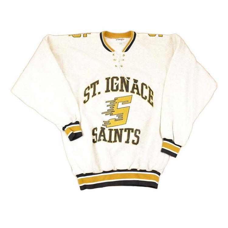 Vintage 1990s Fleece Tech St Ignace Saints University Tie Up Crewneck Sweater Men's XL from propervintagecanada