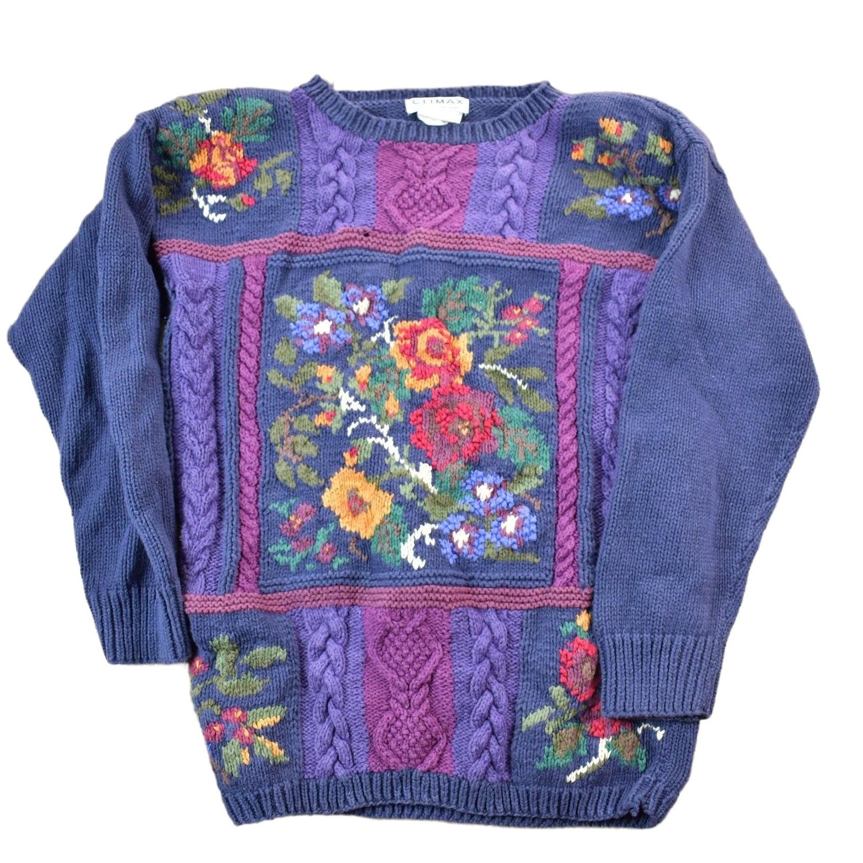 Vintage 1990s Floral Cable Knit Crewneck Sweater Women's S from propervintagecanada
