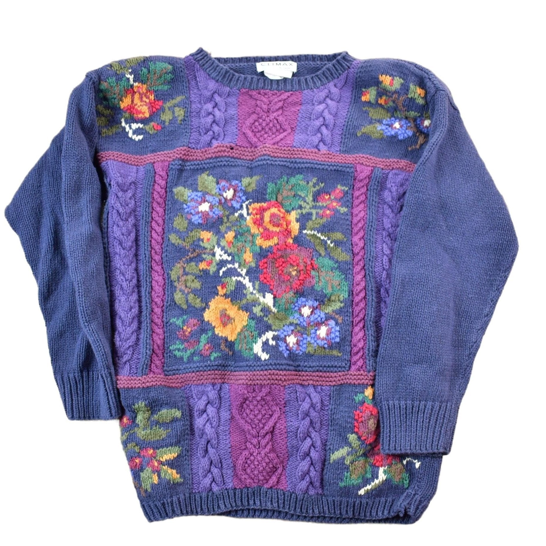 Vintage 1990s Floral Cable Knit Crewneck Sweater Women's S from propervintagecanada