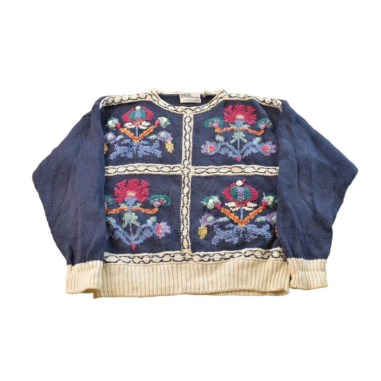 Vintage 1990s Floral Embroidered Hand Knit Crewneck Sweater Women's M from propervintagecanada