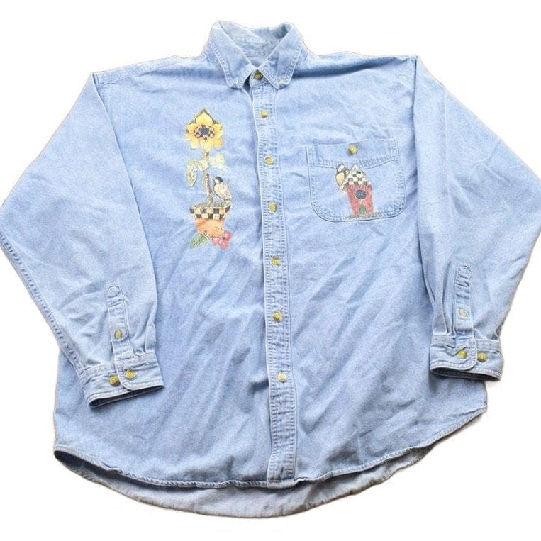 Vintage 1990s Floral Jean Button Up Shirt Men's Large from propervintagecanada
