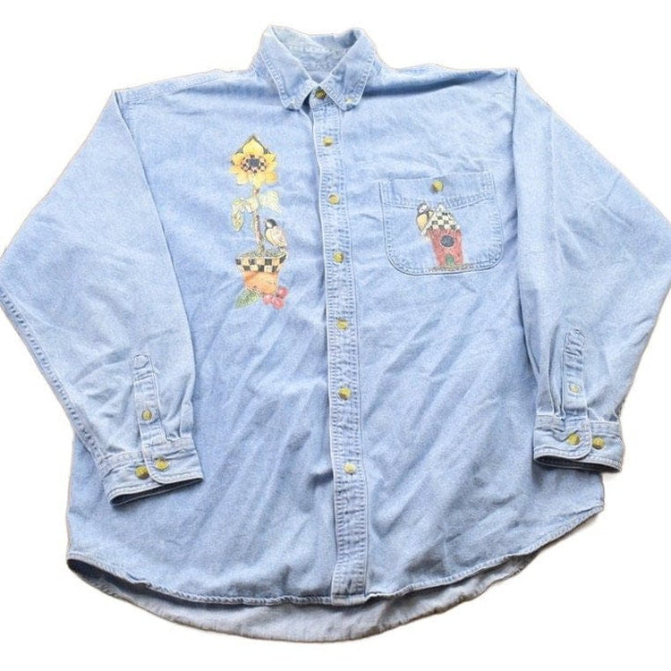 Vintage 1990s Floral Jean Button Up Shirt Men's Large from propervintagecanada