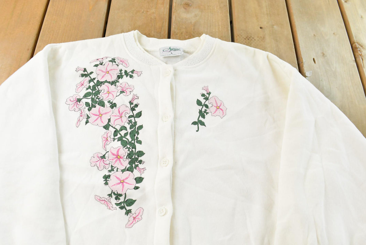 Vintage 1990s Flowers Graphic Cardigan Sweatshirt Women's XL from propervintagecanada