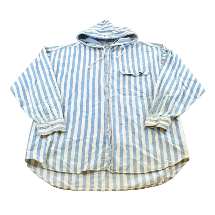 Vintage 1990s Fluid Blues Striped Flannel Hooded Button Up Shirt Mens XL from propervintagecanada