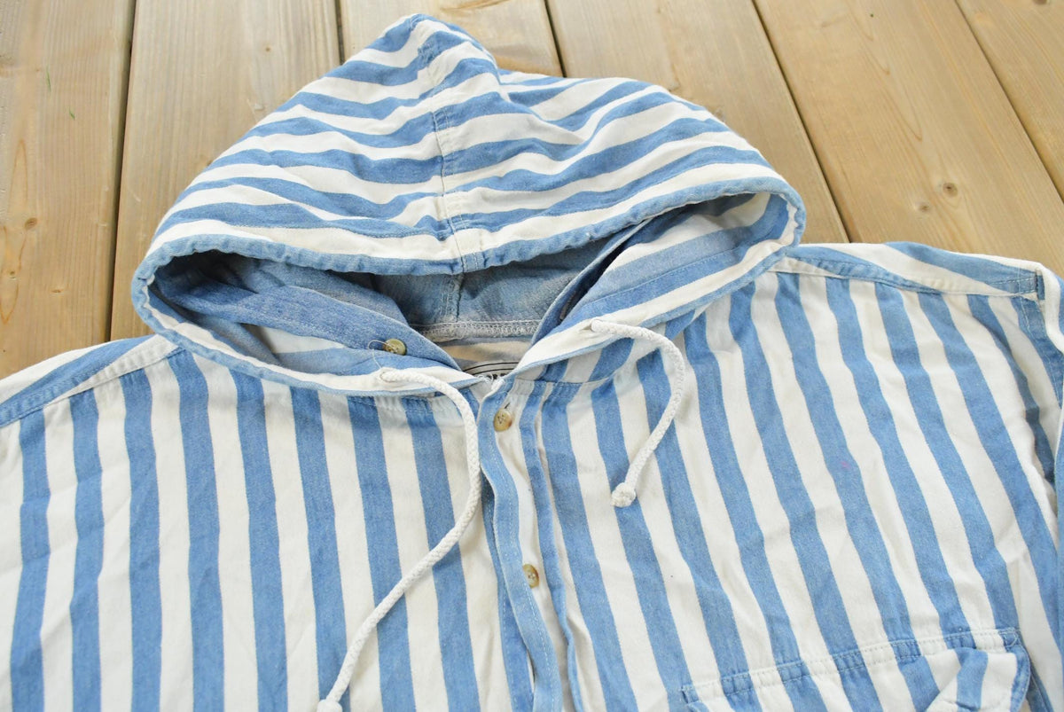 Vintage 1990s Fluid Blues Striped Flannel Hooded Button Up Shirt Mens XL from propervintagecanada