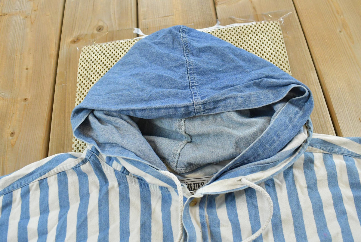 Vintage 1990s Fluid Blues Striped Flannel Hooded Button Up Shirt Mens XL from propervintagecanada