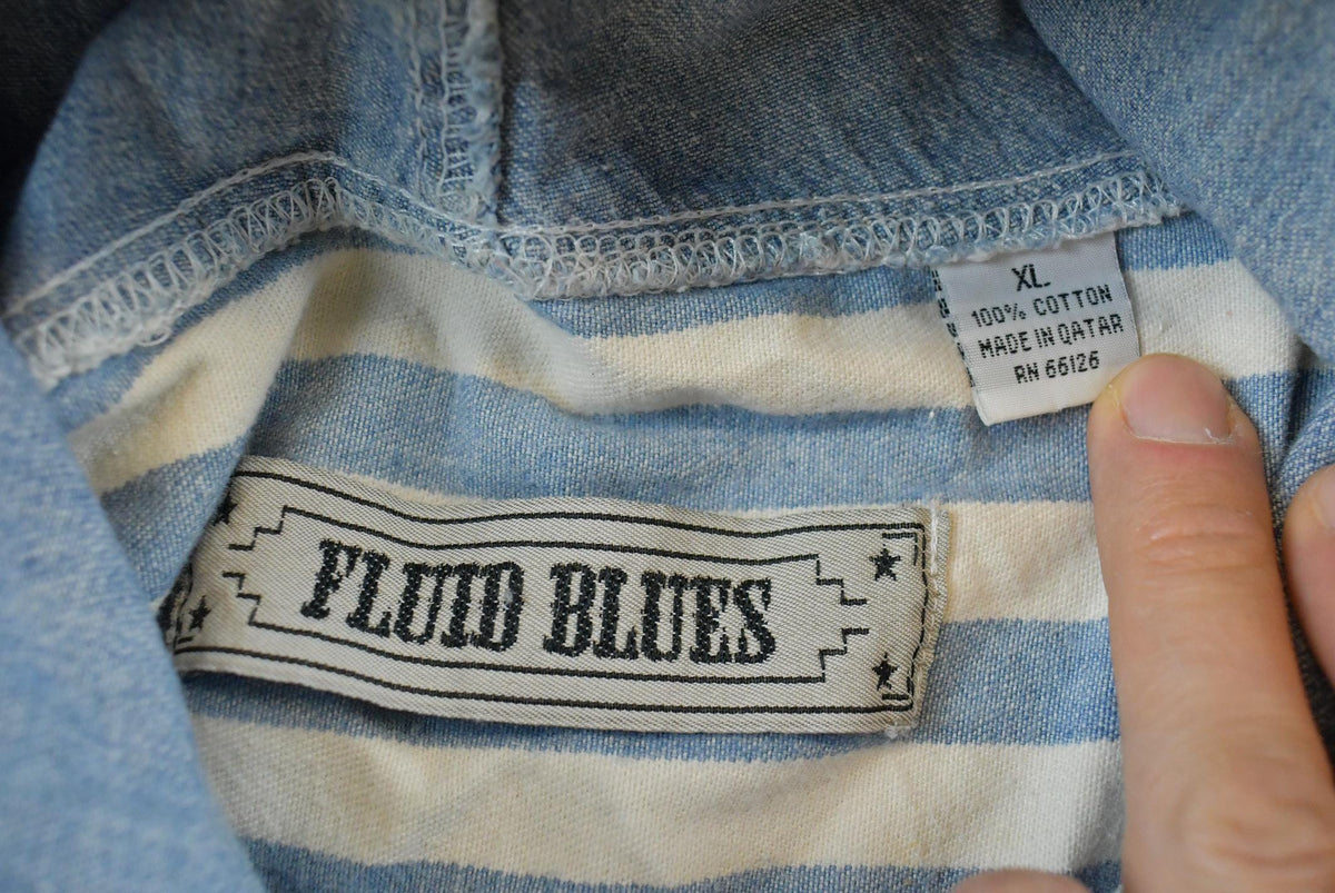 Vintage 1990s Fluid Blues Striped Flannel Hooded Button Up Shirt Mens XL from propervintagecanada