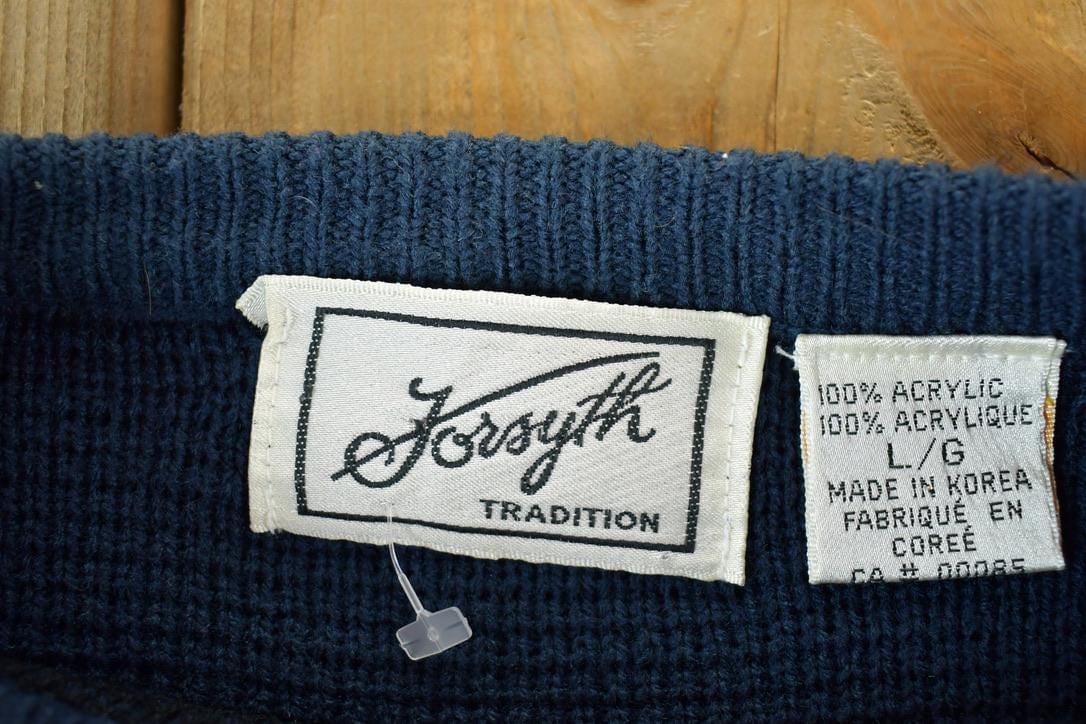 Vintage 1990s Forsyth Tradition Leather Patch Knit Abstract Pattern Crewneck Sweater Made In 90s Crewneck Men's L from propervintagecanada