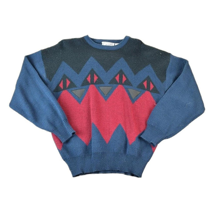 Vintage 1990s Forsyth Tradition Leather Patch Knit Abstract Pattern Crewneck Sweater Made In 90s Crewneck Men's L from propervintagecanada