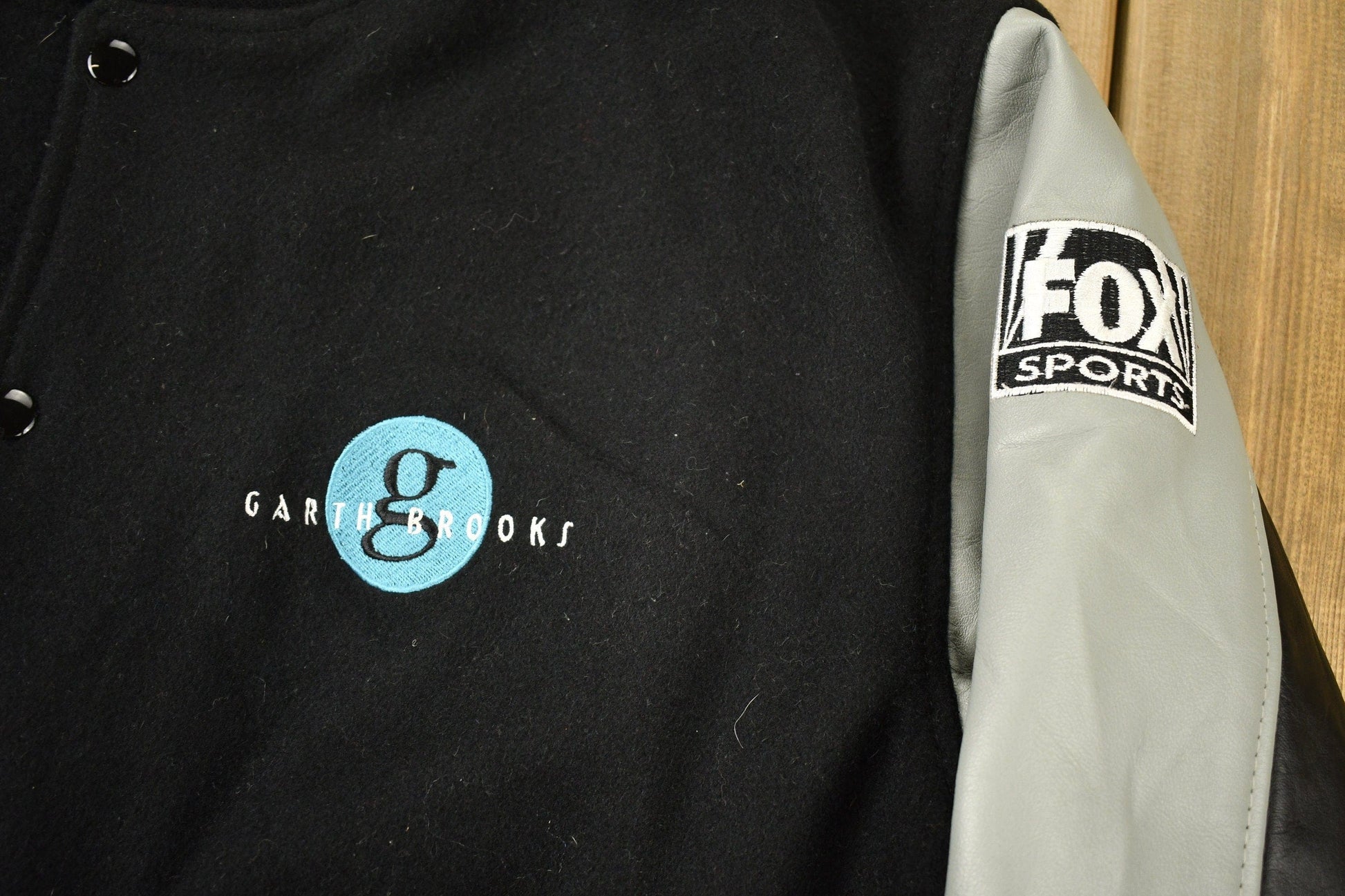 Vintage 1990s FOX NFL Sunday Garth Brooks Leather Varsity Jacket Men's XL from propervintagecanada