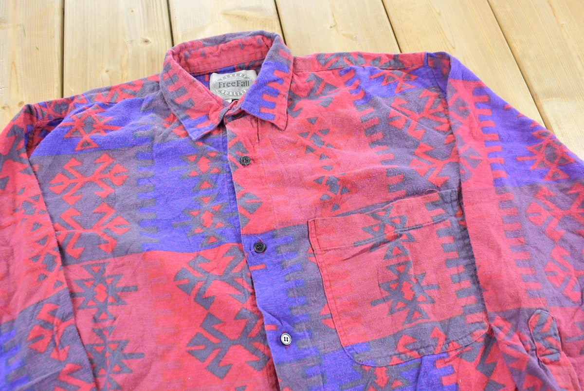 Vintage 1990s Free Fall Abstract Pattern Aztec Button Up Western Style Shirt Men's L from propervintagecanada
