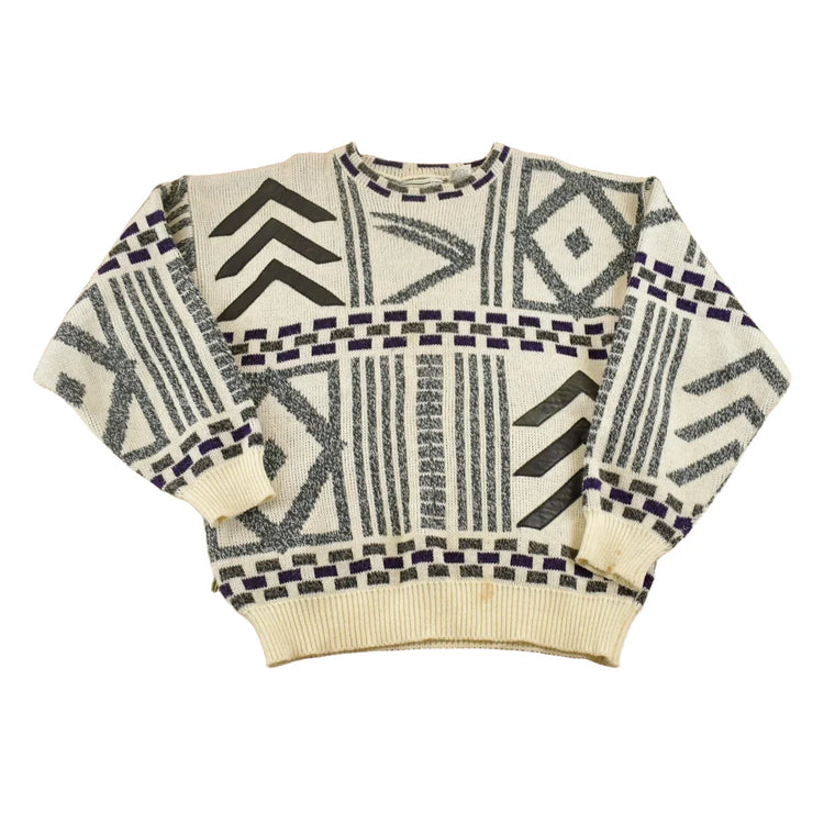Vintage 1990s Gabrielle Leather Patch Knit Crewneck Sweater Men's M from propervintagecanada