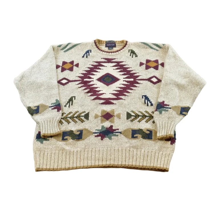 Vintage 1990s Gant Aztec Southwest Cotton Knit Crewneck Pullover Sweater Men's L from propervintagecanada