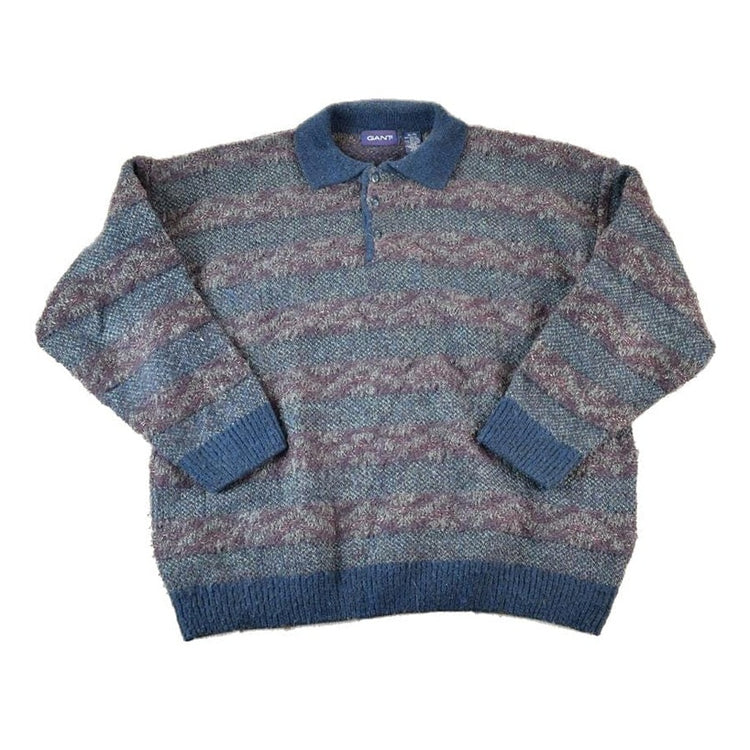 Vintage 1990s Gant Knit Abstract Pattern Quarter Button Crewneck Sweater Men's XL from propervintagecanada