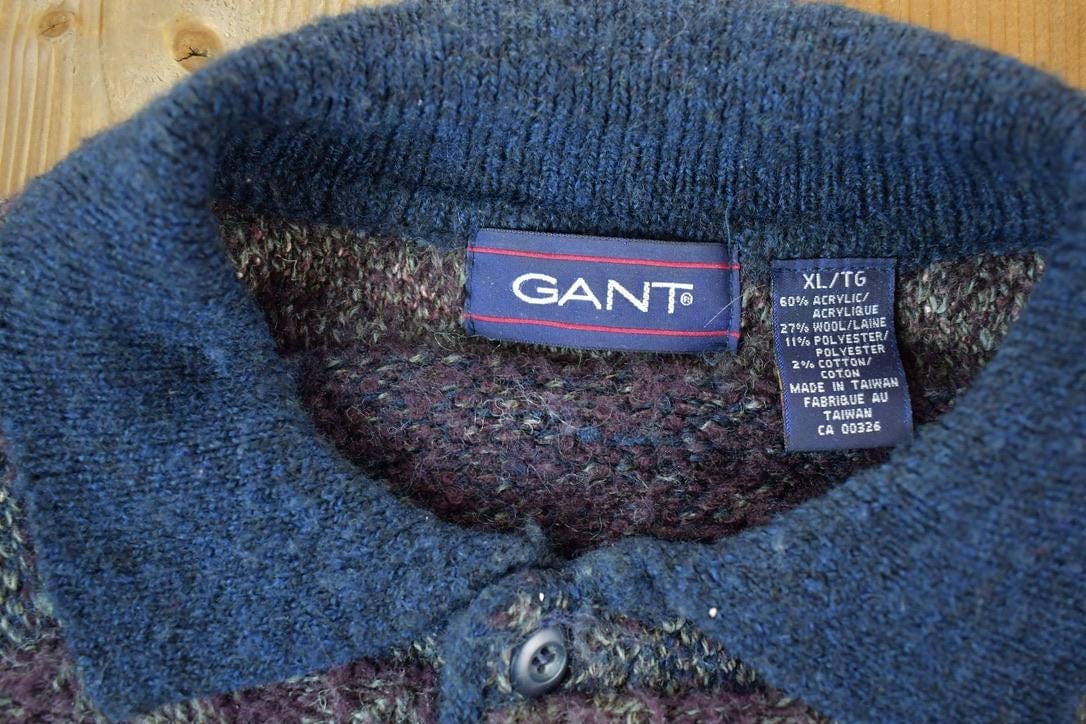 Vintage 1990s Gant Knit Abstract Pattern Quarter Button Crewneck Sweater Men's XL from propervintagecanada