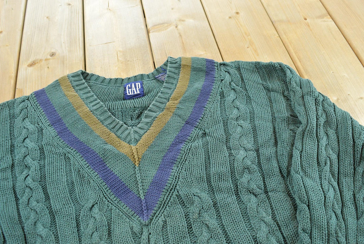 Vintage 1990s Gap Cable Knit Deep V-Neck Sweater Men's M / Abstract Pattern 3D Knitted Sweatshirt / Made in Hong Kong from propervintagecanada