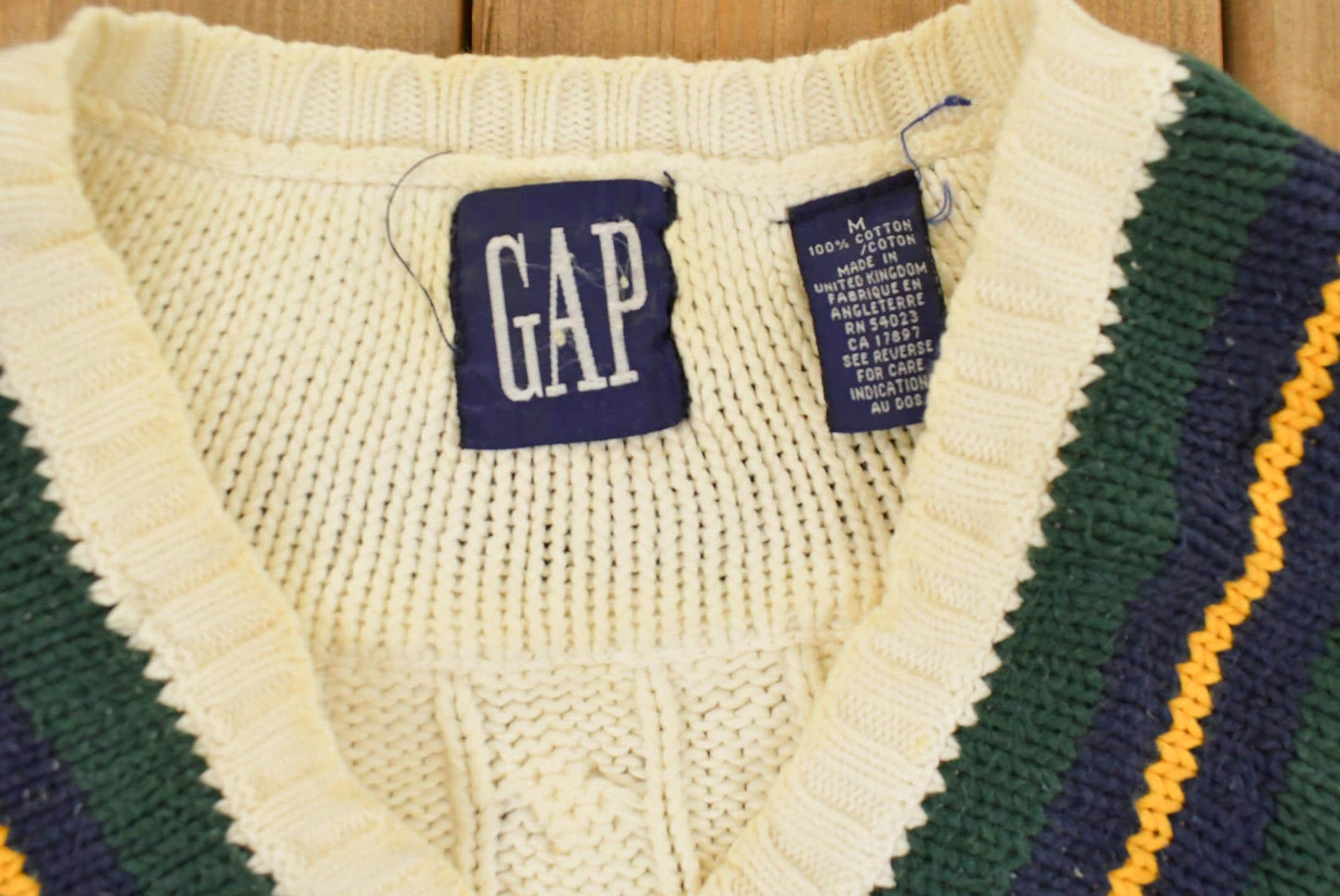 Vintage 1990s Gap Cable Knit V Neck Cricket Sweater Men's Medium from propervintagecanada